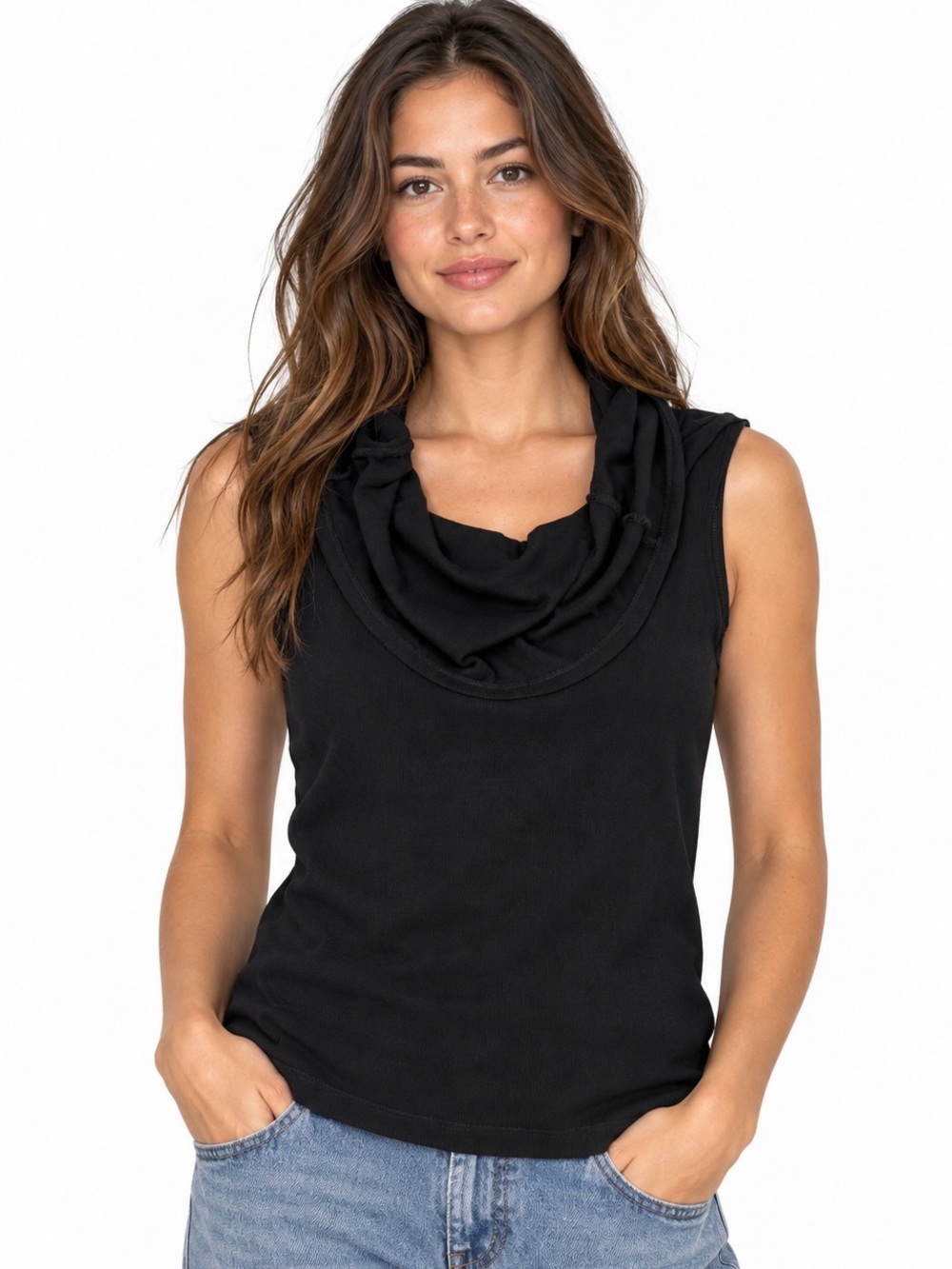 SOLVEIGE 100% Cotton Black Cowl Neck Sleeveless Top L